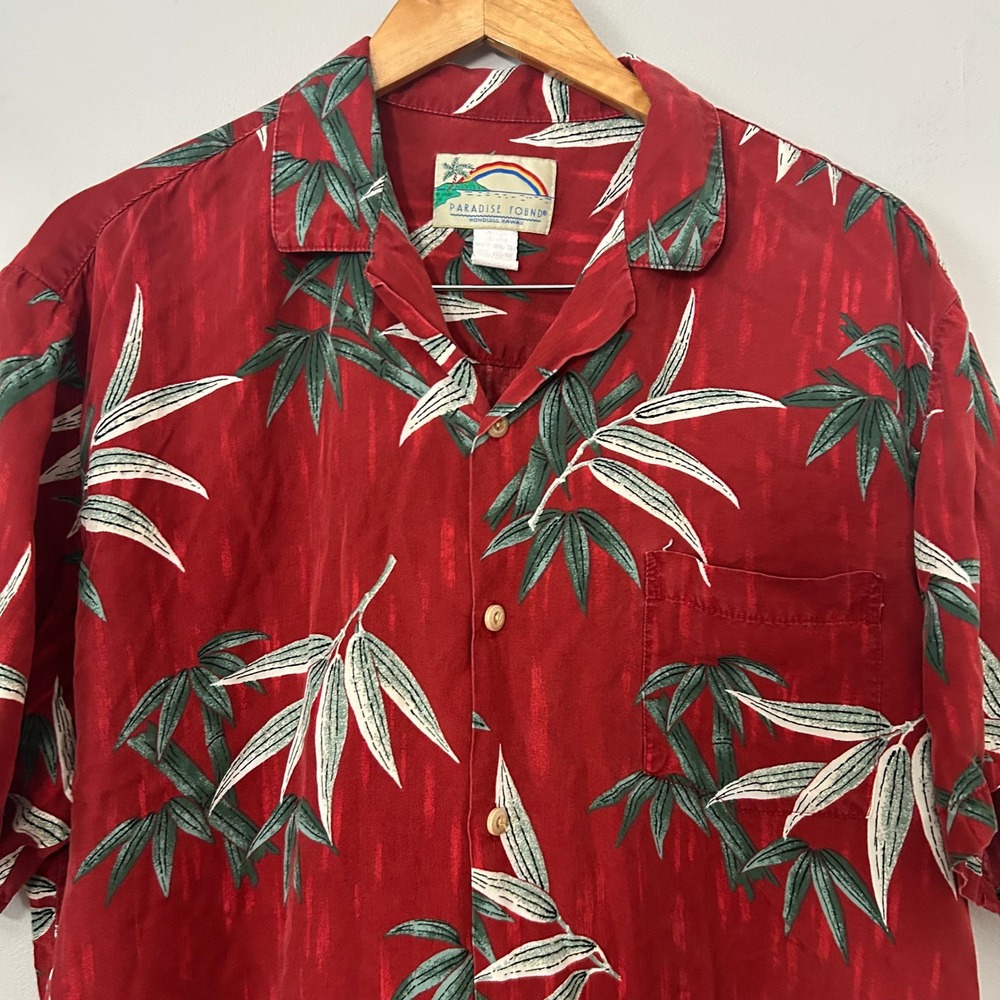 Paradise Found Hawaiian Shirt Mens Large Red Bamboo Leaf Rayon Aloha USA VTG